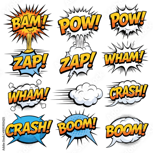 Comic book explosion and explosion sound effect icons, for graphic design or comic book creation isolated PNG with Transparent Background