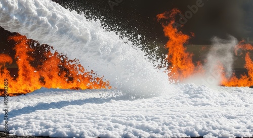 White Foam Extinguishes Bright Orange Flames Against Dark Background