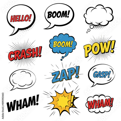 Comic book speech bubbles and explosion effects, vector illustrations for graphic design or comic strip, overlay for banner or poster isolated PNG with Transparent Background