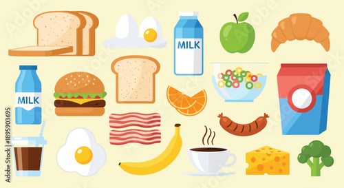 Comprehensive set of breakfast food icons including eggs, bacon, bread, milk, coffee, fruit, and cereal on a pale background.