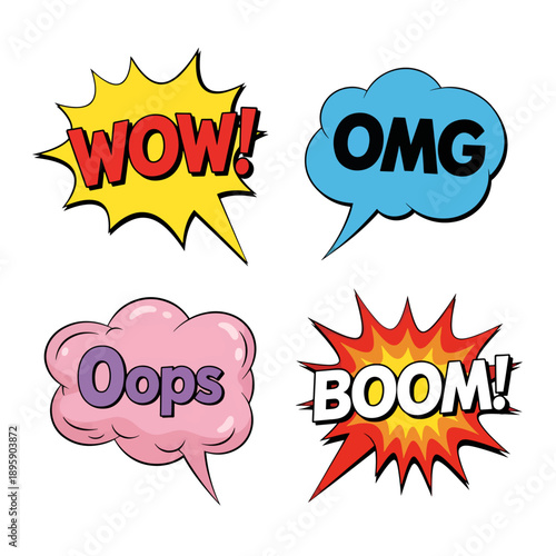 Comic speech bubbles with WOW, OMG, Oops, BOOM text, vector illustrations for banner, poster, or social media isolated PNG with Transparent Background