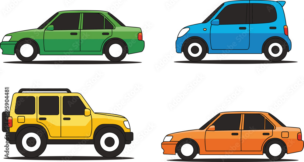 Fototapeta premium Flat vector car collection with sedan hatchback and suv isolated on white background for city traffic transportation infographic and automotive web design elements