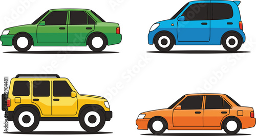 Flat vector car collection with sedan hatchback and suv isolated on white background for city traffic transportation infographic and automotive web design elements
