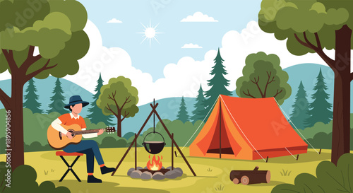 Peaceful campsite scene featuring a man playing acoustic guitar by a campfire with a tent in a beautiful forest landscape.