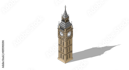 Detailed isometric illustration of the iconic Big Ben clock tower in London with its distinctive architectural features and shadow.
