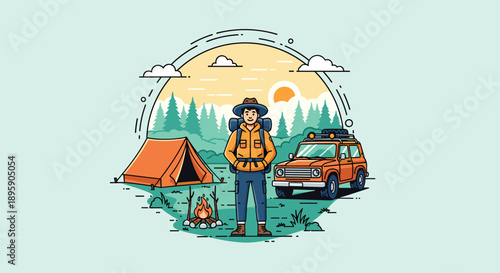 Adventure camping illustration with a hiker standing next to his off-road vehicle and tent in a scenic mountain landscape.