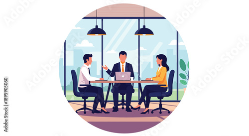 Group of business professionals having a productive meeting around a table in a modern high-rise office with a city view.