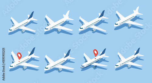 Set of isometric airplanes in various flight directions and positions on a blue background including map pins.