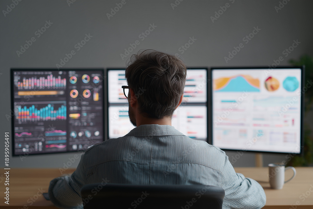 Naklejka premium A man is sitting at a desk with three computer monitors in front of him