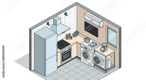 Clean isometric kitchen interior design featuring a refrigerator, stove, washing machine, and various appliances.
