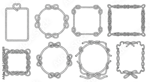 Collection of nautical rope frames in various shapes including circles, squares, and rectangles with decorative knots.