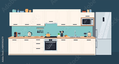 Contemporary kitchen interior with white cabinets, a light wood countertop, and modern appliances on a dark blue background.