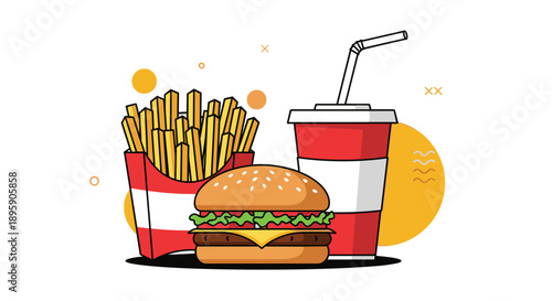 Appetizing fast food meal illustration featuring a delicious hamburger, a container of french fries, and a soda drink.