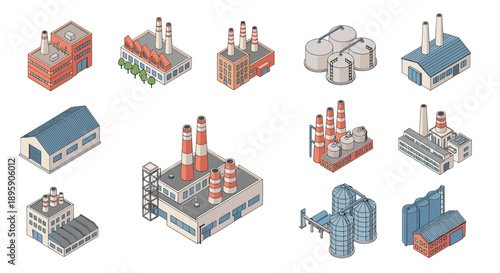 Diverse collection of isometric industrial buildings including factories, warehouses, silos, and power plants.