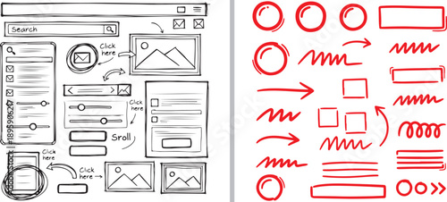 Hand-drawn vector set featuring a sketchy black-and-white website wireframe with search bars and menus, alongside a collection of vibrant red UI elements like arrows, circles, and zigzags.