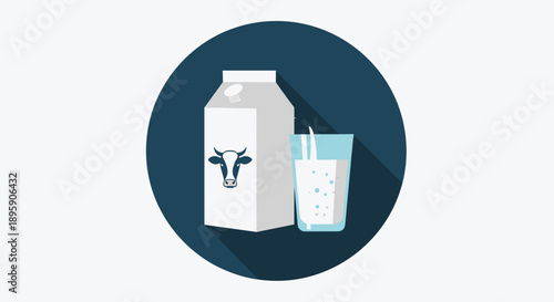 Flat illustration of a white milk carton with a cow logo and a full glass of fresh milk in a circular frame.