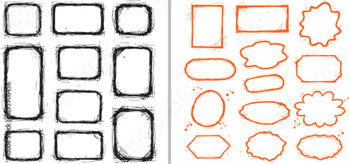 Hand-drawn vector set featuring a sketchy black border frame with zigzag textures and a vibrant red scribble frame surrounded by playful dots and wavy lines for creative layouts.