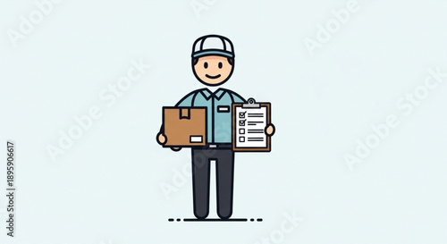 Delivery person holding package and checklist cartoon illustration.