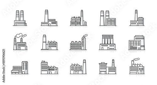 Set of minimalist black and white line icons representing various industrial factory buildings and manufacturing plants with smoke stacks.