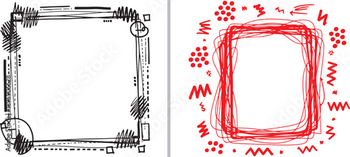 Hand-drawn vector set featuring a sketchy black border frame with zigzag textures and a vibrant red scribble frame surrounded by playful dots and wavy lines for creative layouts.