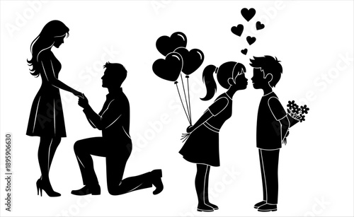 Romantic silhouettes of couples including a marriage proposal and first kiss moments