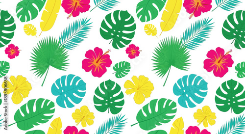Vibrant repeating pattern featuring stylized tropical hibiscus flowers and diverse colorful monstera and palm leaves scattered