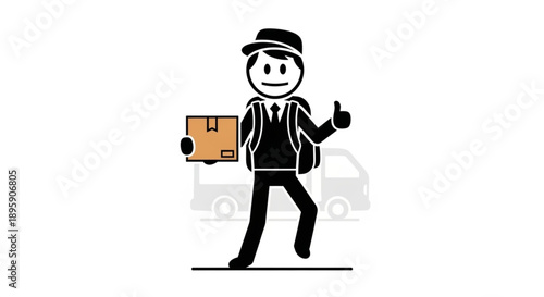 Delivery person holding package and giving thumbs up with van in background.