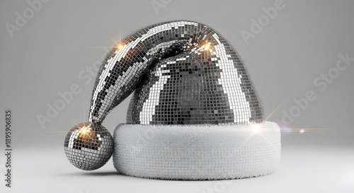 Festive Christmas Santa Hat with Disco Ball Mirror Tiles, Reflective Holiday Party Concept for Seasonal Celebration