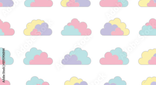 Seamless pattern featuring adorable pastel colored layered clouds floating