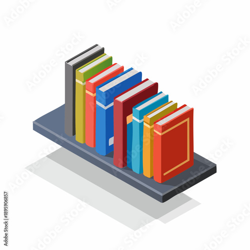 Books on shelf in isometric vector illustration