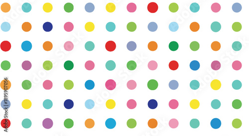 Seamless repeating pattern featuring a grid of brightly colored polka dots against a clean white background perfect for festive design projects