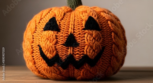 Knitted Orange Yarn Halloween Pumpkin, Cozy Jack-o'-Lantern Craft, Autumn Decor Concept