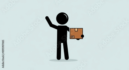 Delivery person holding package waving hello simple illustration.