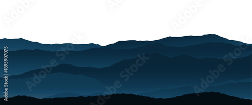 Abstract layered mountain landscape silhouette in dark blue tones, panoramic foggy hills nature background, minimalist vector style scenery isolated on transparent background PNG