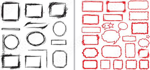 Hand-drawn vector set featuring black and red sketchy frames, borders, and speech bubbles. A versatile collection of textured, hand-drawn rectangular and circular shapes for creative layouts.