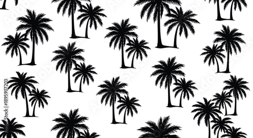 Seamless repeating pattern of stylized black silhouettes of tropical palm trees scattered