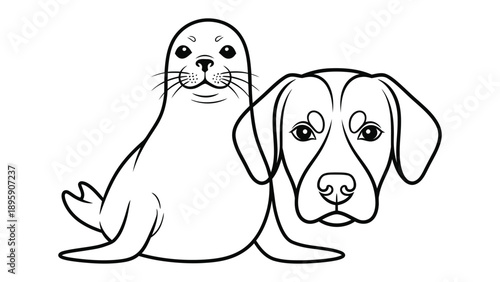 Ocean Buddies: A charming illustration depicts a friendly seal and dog, side-by-side, embodying companionship and unlikely friendship. 