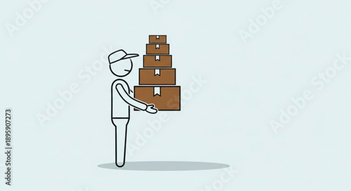 Delivery person holding stack of boxes cartoon illustration.