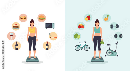 Comparison of lifestyle choices showing woman on scale surrounded by unhealthy habits like junk food versus healthy activities like exercise.