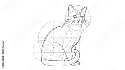 Cat Anatomy Study: A detailed illustration showcasing the elegant form of a cat, complemented by the underlying geometric structure.