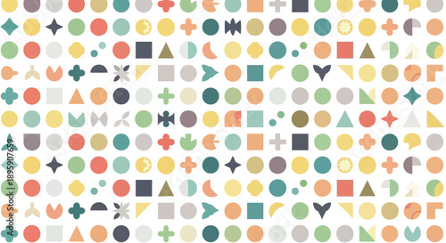 Seamless pattern background featuring a delightful array of colorful, flat, abstract geometric shapes and minimalist design elements arranged in a repeating grid structure