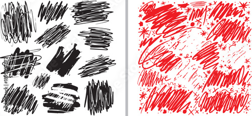 Hand-drawn vector set featuring textured black ink scribbles and a vibrant red collection of messy strokes, dots, and stars. Perfect for adding a raw, energetic, or grungy feel to creative designs.