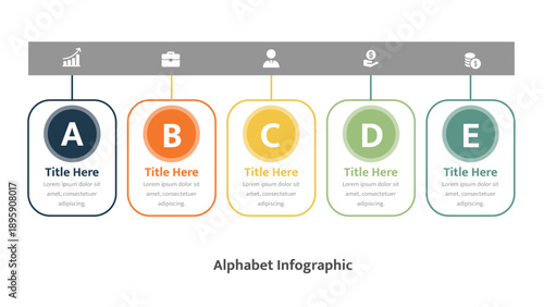 Business timeline infographic, five process steps, icons colorful circles A B C D E