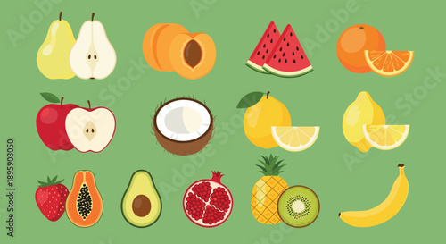 Colorful set of various whole and sliced fruits on green background including pear and apple plus tropical fruits like coconut and pomegranate.