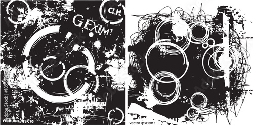 Grungy black and white vector background featuring abstract ink splatters, distressed textures, layered circular rings, and messy typographic elements with a punk rock or street art aesthetic.