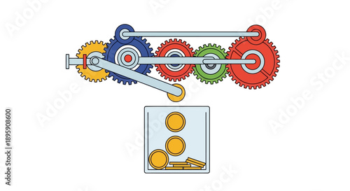 Financial Automation System. Colorful gear mechanism dropping gold coins into a container, symbolizing business workflow, passive income generation, and wealth production process.