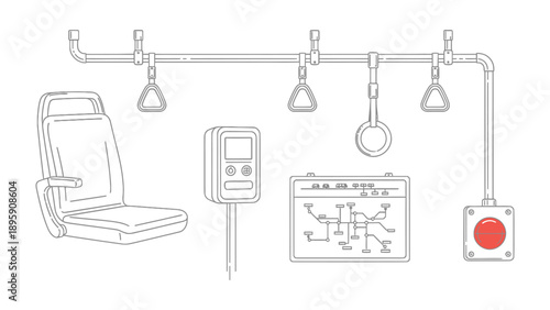 Subway interior schematic: A detailed schematic illustration of a subway interior, featuring various elements like seating, handrails, control panels, and emergency stop button.