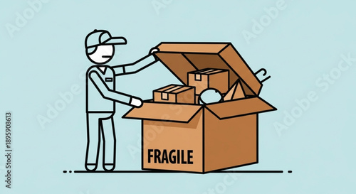Delivery person opening a fragile package with contents.
