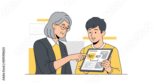 Intergenerational Mentorship and Digital Education. Senior Woman Explaining SEO Keywords and Data Strategy to Young Man Using a Tablet.