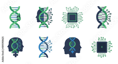 Biotechnology and AI Icons Set. Genetic Engineering, DNA Helix, Human Brain, Microchip, and Digital Health Concept Symbols.